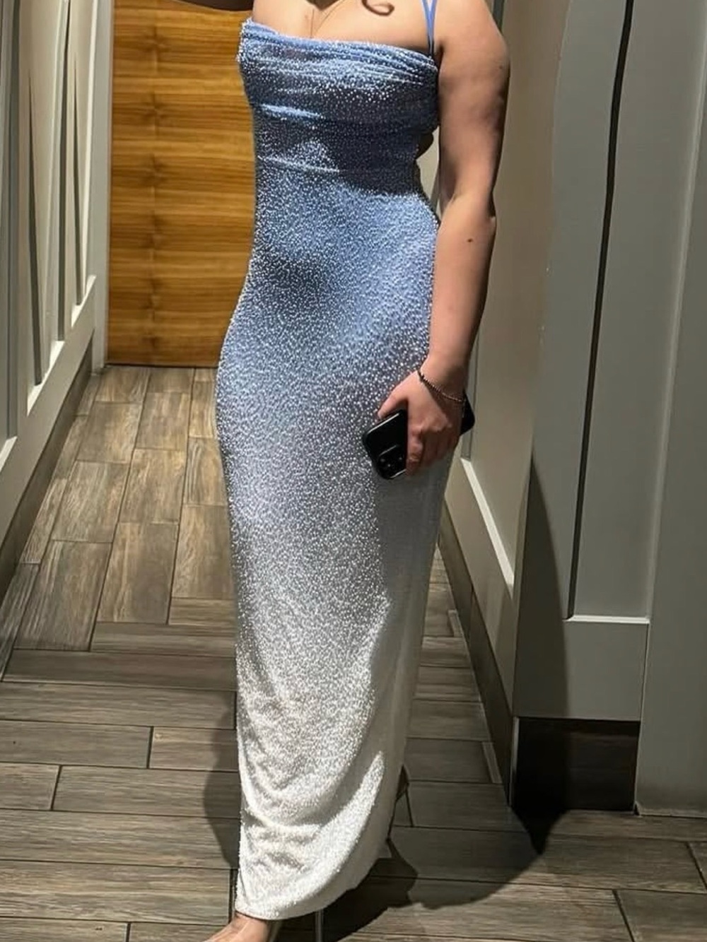Elegant Blue-to-White Ombre Sequin Evening Gown